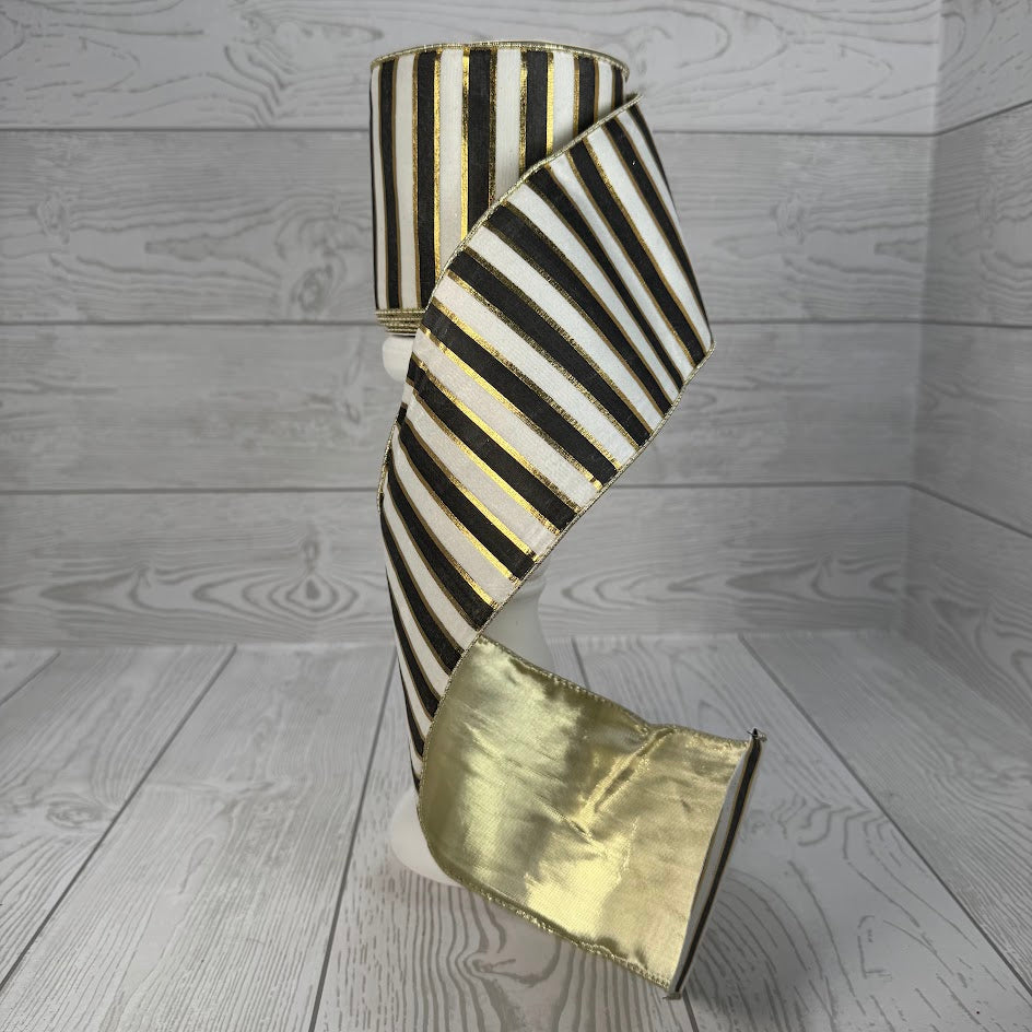 4"X10YD BLACK/WHITE/GOLD STRIPE RIBBON PLATINUM BACK - DCRC1221