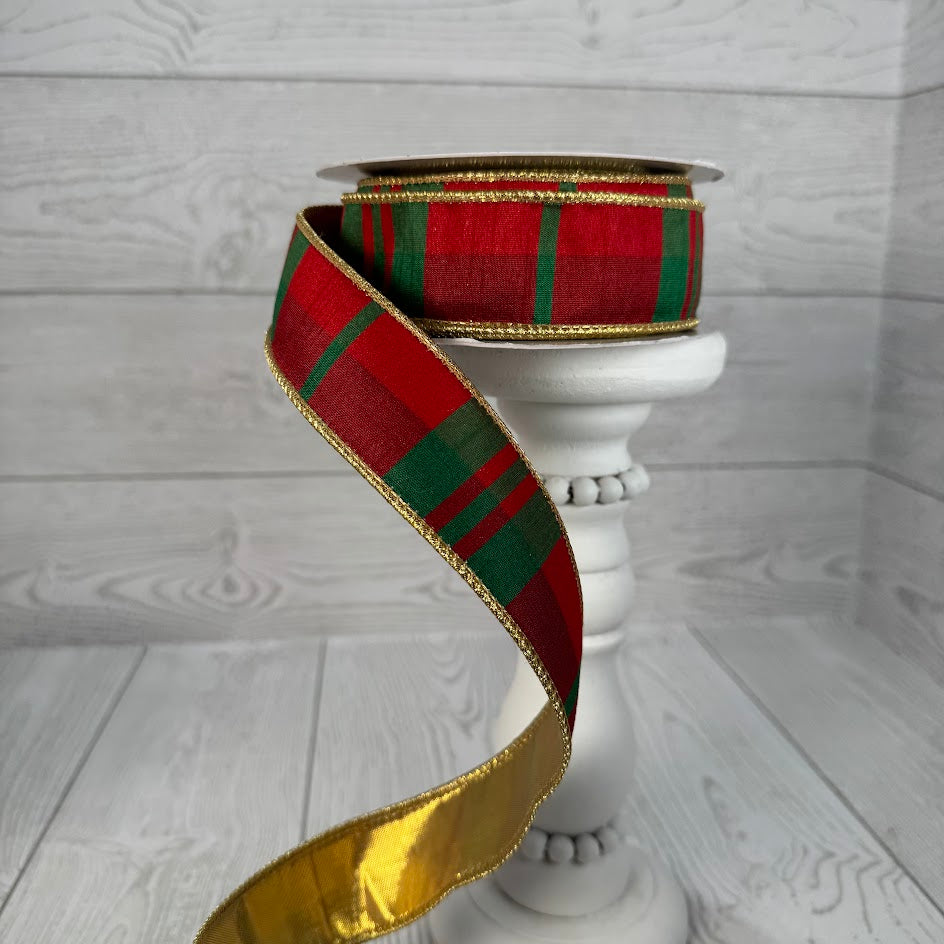 1.5"X10YD MODERN CHRISTMAS PLAID RED/GREEN WITH GOLD BACK - DCR5871