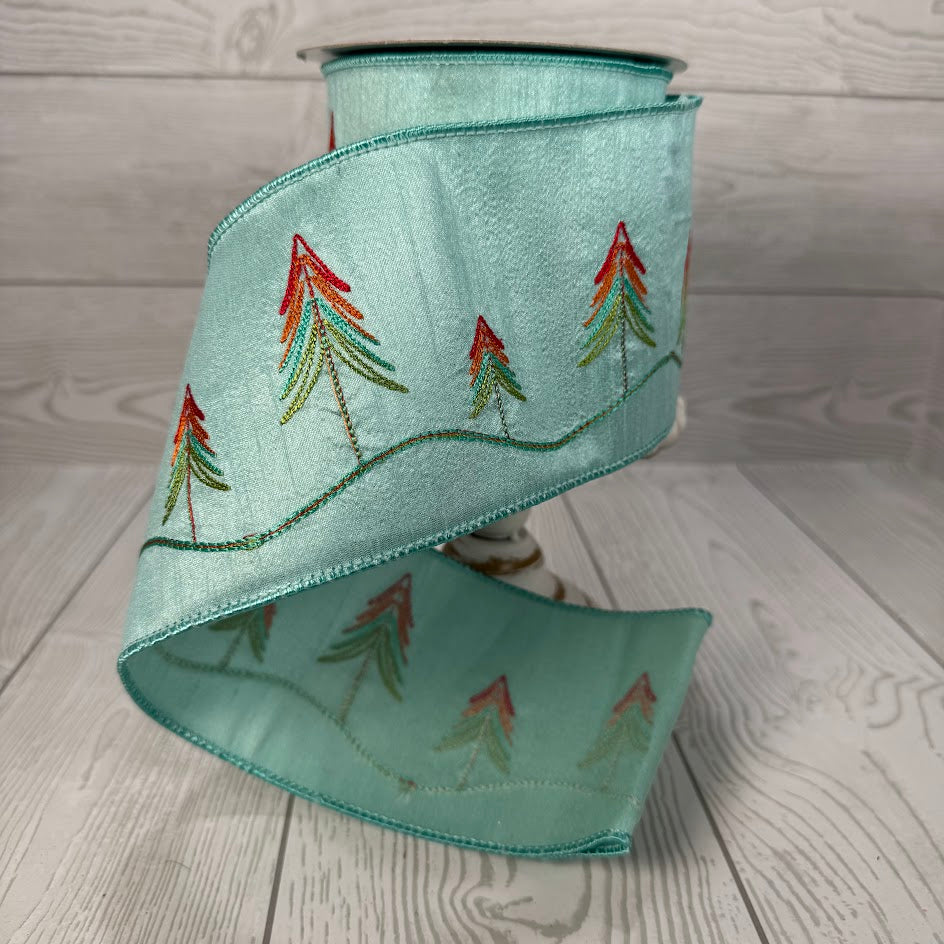 4"X10YD LIGHT BLUE RIBBON W/ COLOFUL EMBROIDERED TREES - DCR21084