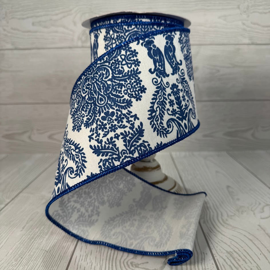 4"X10YD BLUE CHINOISERIE PRINT ON WHITE FAUX DUPIONI - DCR5734