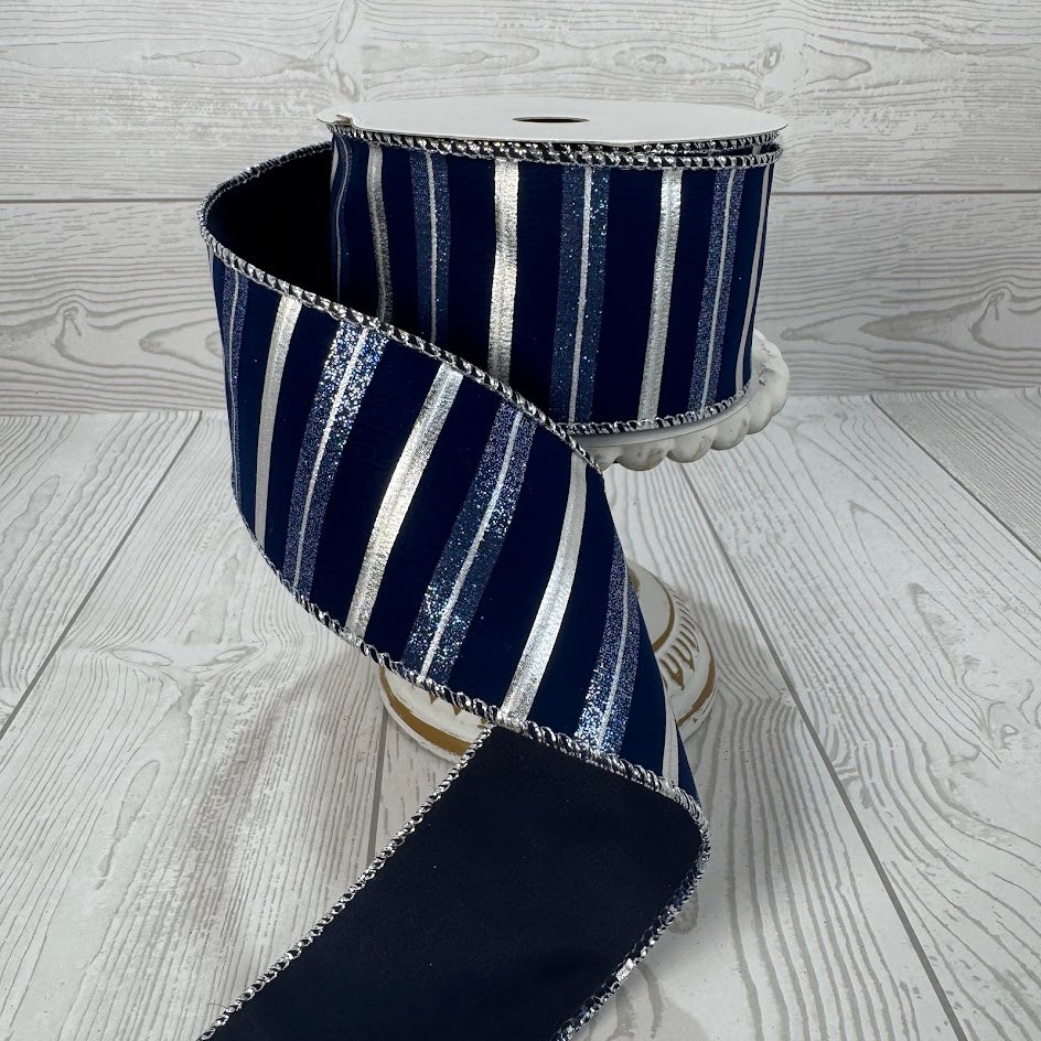 2.5"X10YD ROYAL STRIPE SILVER/BLUE RIBBON - DC19541