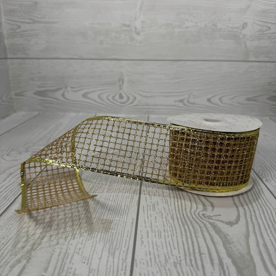 2.5"X10YD OPEN WEAVE GLITTER MESH RIBBON W/FOIL WIRE EDGE - GOLD - DCRC1089GD