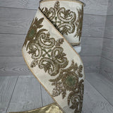 4"X10YD GOLD REGAL BEADED DESIGN ON IVORY FAUX DUPIONI RIBBON W/ GOLD BACK - DCR5552