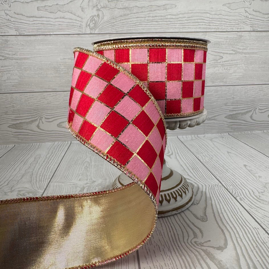 2.5"X10YD CLASSY PINK CHECK W/GOLD BACK RIBBON - DCR6125