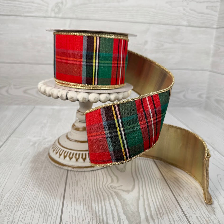 2.5"X10YD TARTAN TRADITIONAL PLAID RIBBON W/GOLD BACK - DCR6247