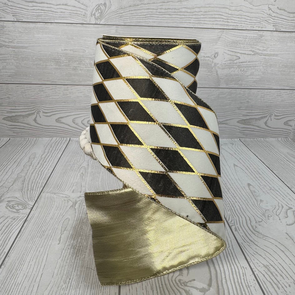4"X10YD BLACK/WHITE/GOLD DIAMOND RIBBON PLATINUM BACK - DCRC1218