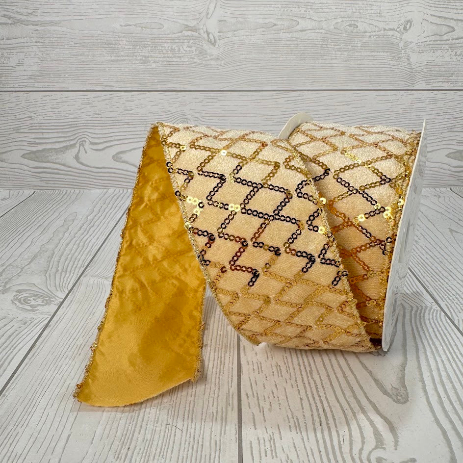 2.5"X10YD VELVET RIBBON W/STITCHED SEQUIN DIAMOND DESIGN - GOLD - DCRC1119