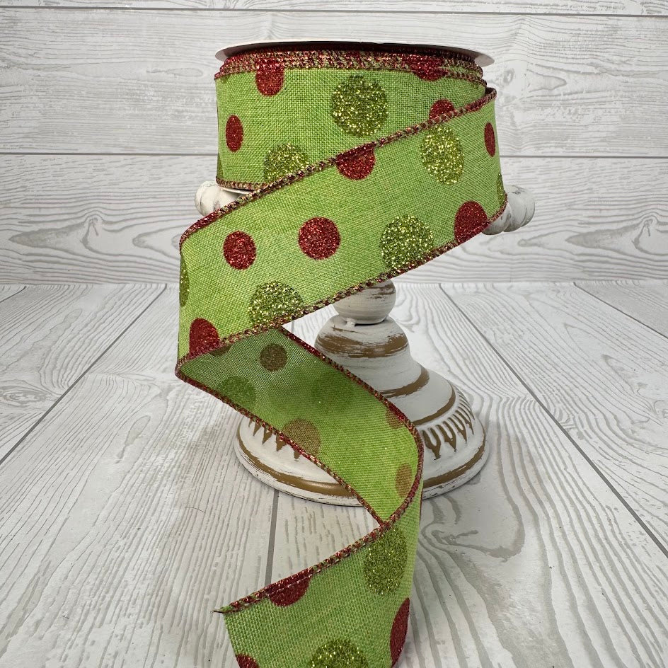 1.5"X10YD POLKA DOT PATTERN ON LIME RIBBON - DCRC1017