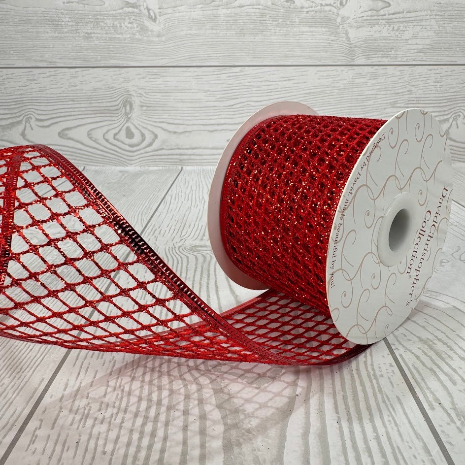 2.5"X10YD OPEN WEAVE GLITTER MESH RIBBON W/FOIL WIRE EDGE - RED - DCRC1089RD
