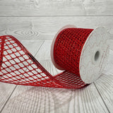 2.5"X10YD OPEN WEAVE GLITTER MESH RIBBON W/FOIL WIRE EDGE - RED - DCRC1089RD