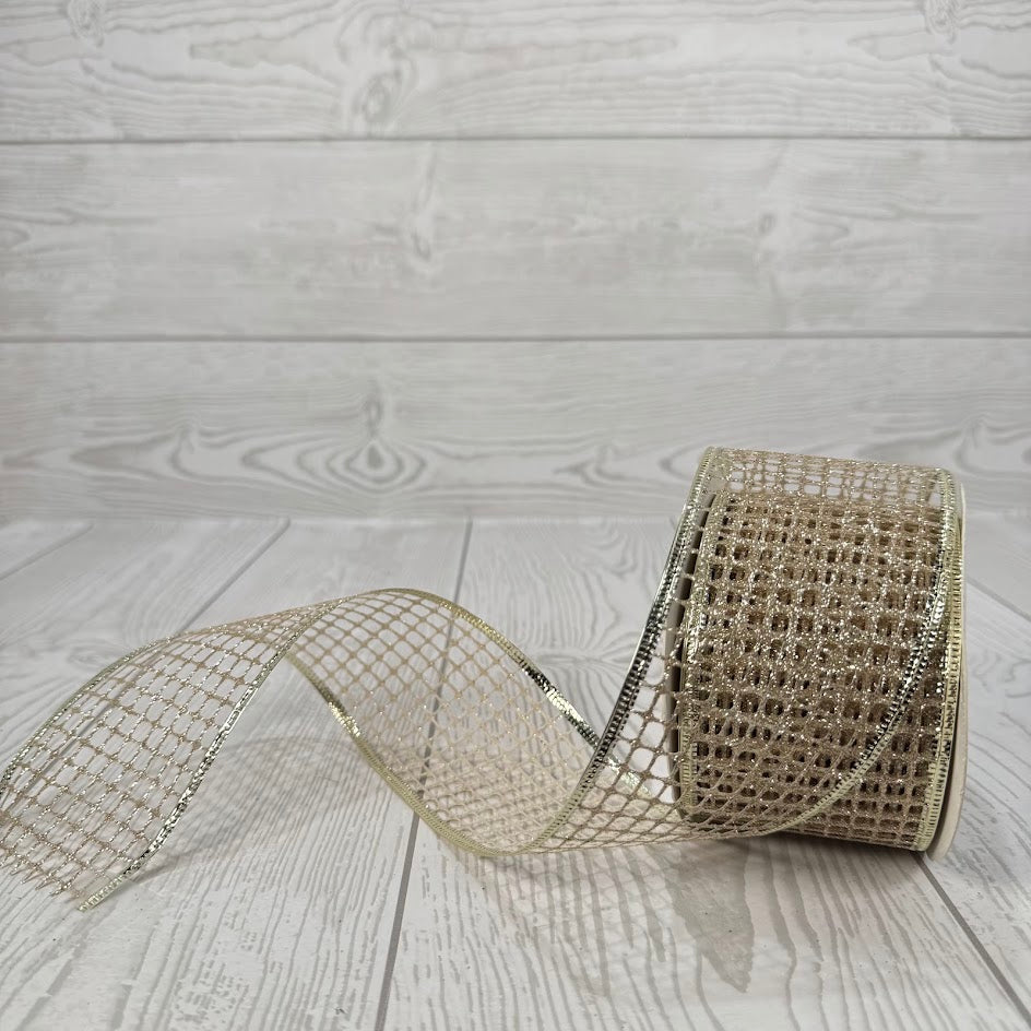 2.5"X10YD OPEN WEAVE GLITTER MESH RIBBON W/FOIL WIRE EDGE - CHAMPAGNE - DCRC1089
