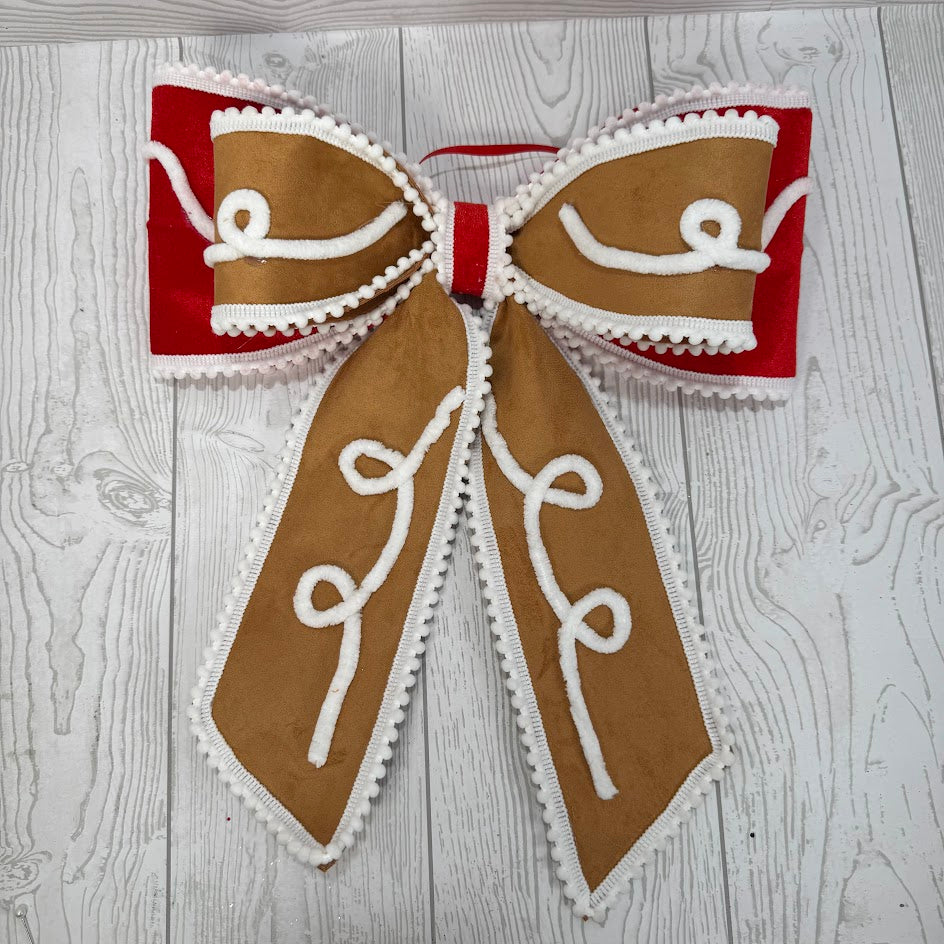 GINGERBREAD BOW H12XW15XD2 - RED/WHITE/BROWN - 86658RDWTBN * RD