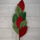 VELVET SEQUIN LEAVES SPRAY X8 H27 - RED/GREEN - 86079RDGN * RD