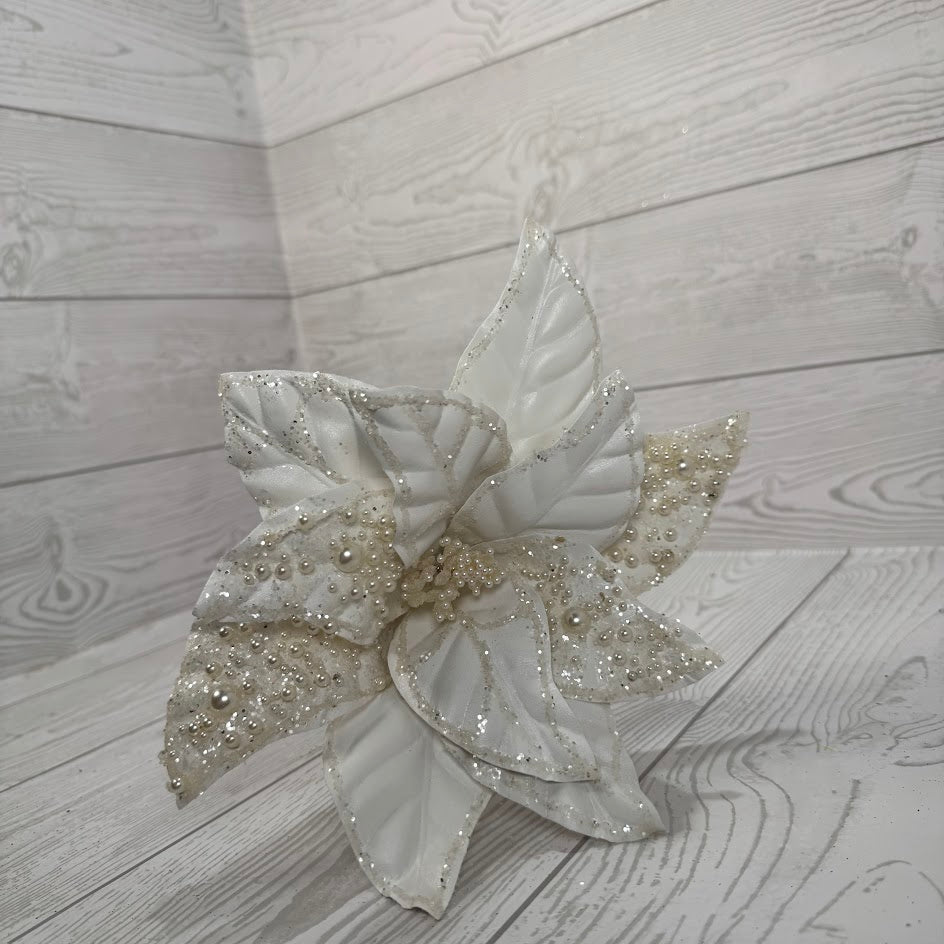 24" FAUX LEATHER PEARL POINSETTIA STEM - WHITE - DCSP5095