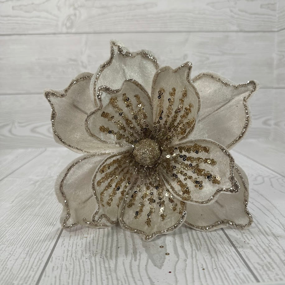 9" CREAM VELVET MAGNOLIA STEM WITH CHAMPAGNE SEQUINS - DCSP6669