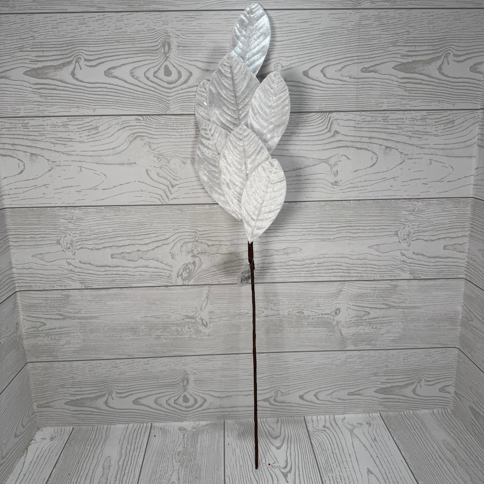 26" VELVET MAGNOLIA LEAF W/ SEQUINS - WHITE - DCSP6611WH
