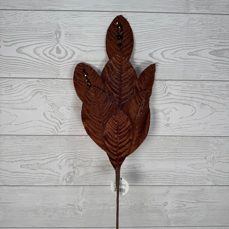 26" VELVET MAGNOLIA LEAF W/ SEQUINS - BROWN - DCSP6611BR