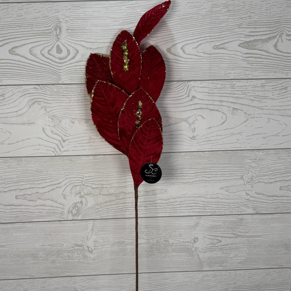 26" VELVET MAGNOLIA LEAF W/ SEQUINS - DARK RED - DCSP6611DKRD