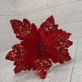 9" WAVY CUT VELVET POINSETTIA LEAF STEM - RED - DCSP6662