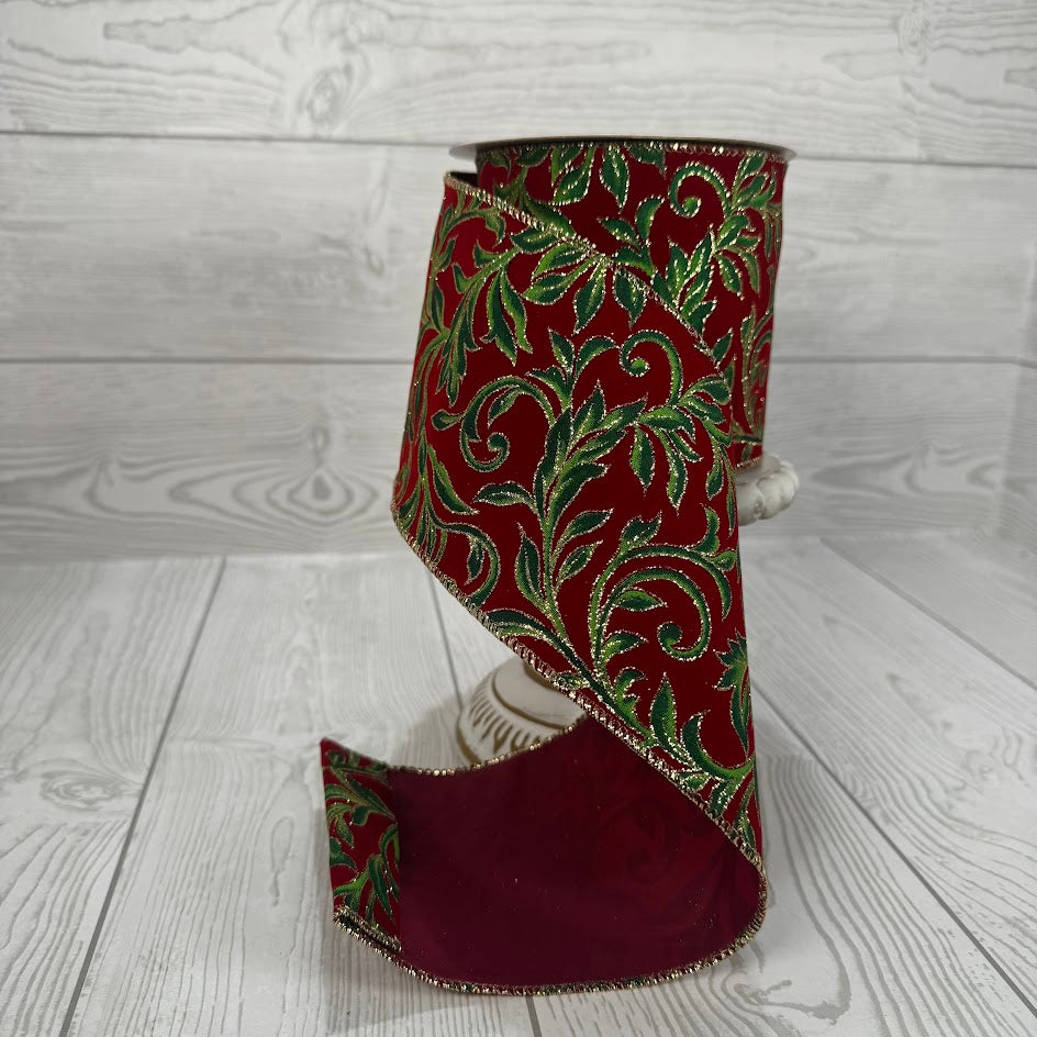 4"X10YD DARK RED VELVET/GREEN VINE SWIRLS - 72617-04-13