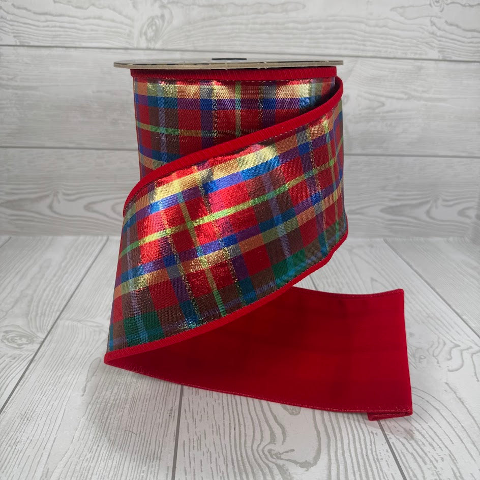 4"X10YD METALLIC TARTAN PLAID/THICK RED FLAT VELVET BACKING - D73611-04-01