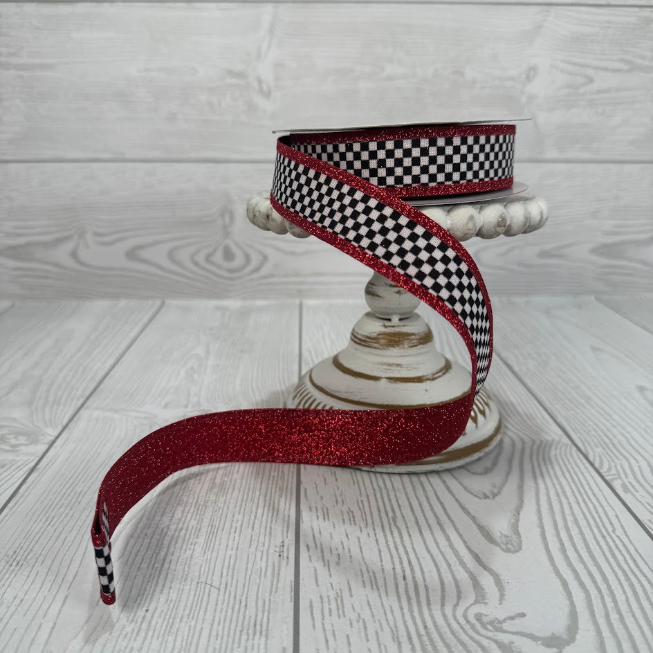 1"X10YD BLACK/WHITE CHECKERED/RED GLITTER BACK/EDGE - D56614-10-12