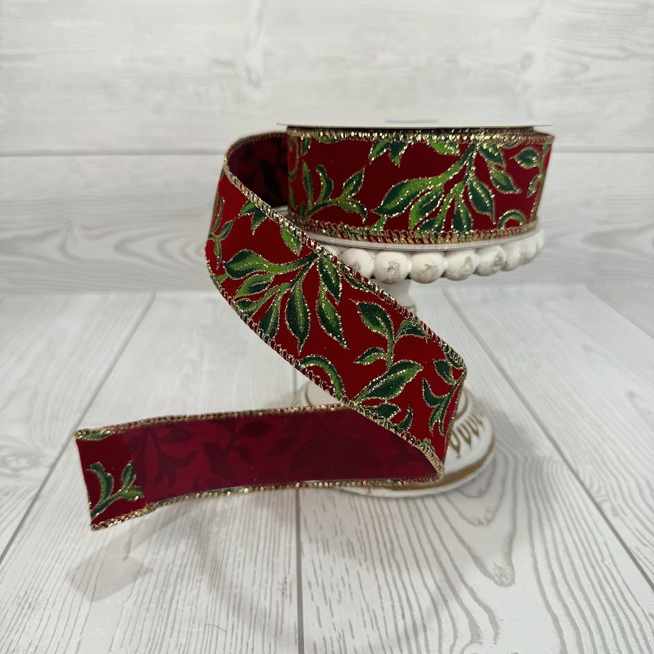 1.5"X10YD DARK RED VELVET/GREEN VINE SWIRLS - 72617-09-13