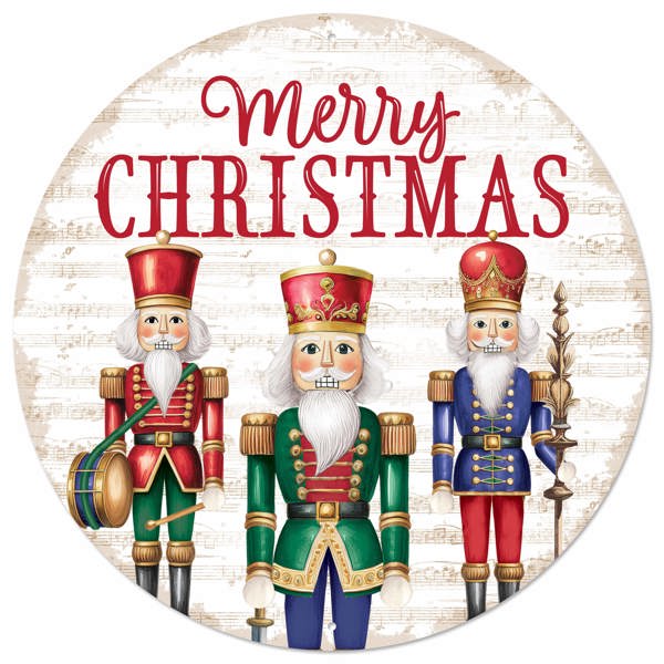 12"DIA MERRY CHRISTMAS/NUTCRACKER SIGN - RED/EMERALD/BLUE/GOLD - MD1667A5