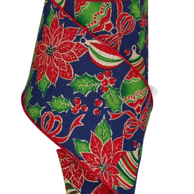 4"X10YD POINSETTIA/ORNAMENTS - NAVY BLUE/MULTI - RGF134119
