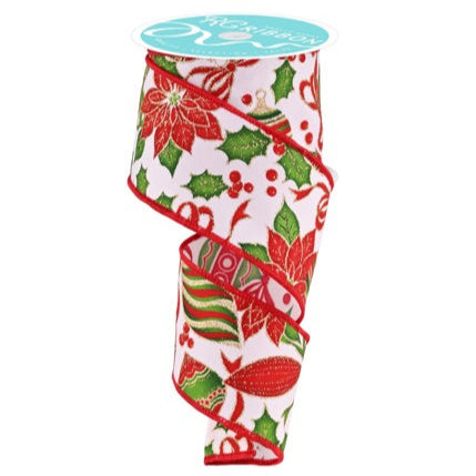 2.5"X10YD POINSETTIA/ORNAMENTS - WHITE/ MULTI COLOR - RGF134227