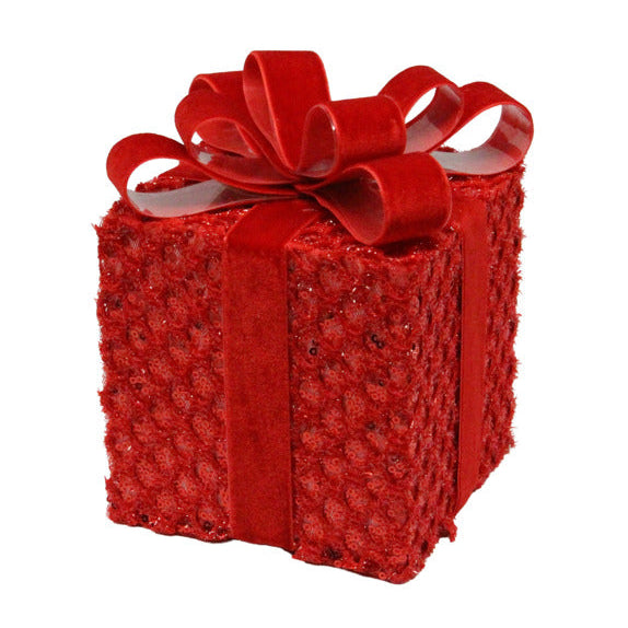 6.75"H X 4.75"SQ SEQUIN/TINSEL GIFT BOX - RED - XC837424