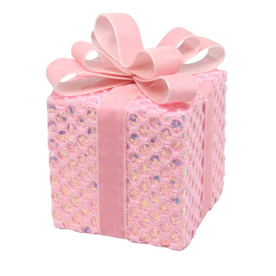 6.75"H X 4.75"SQ SEQUIN/TINSEL GIFT BOX - PINK/IRIDESCENT - XC8374ET