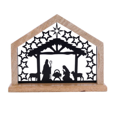 11.5"L X 9"H MANGO WOOD NATIVITY STABLE - NATURAL/BLACK - XN9942