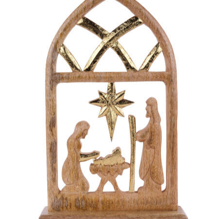 18"H X 10"L NATIVITY IN STABLE W/ BASE - NATURAL/GOLD - XN9944