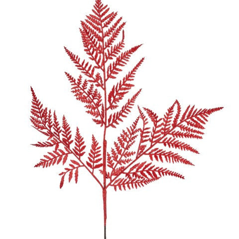18.5"L GLITTER FERN LEAF SPRAY - LASER RED - XS244224
