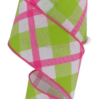 2.5"X10YD PRINTED PLAID ON ROYAL - WHITE/LIME GREEN/HOT PINK - RG0168327