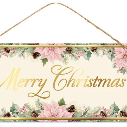 12"LX6"H CHRISTMAS W/POINSETTIAS SIGN - CREAM/PINK/SAGE/GOLD - MD1824F2