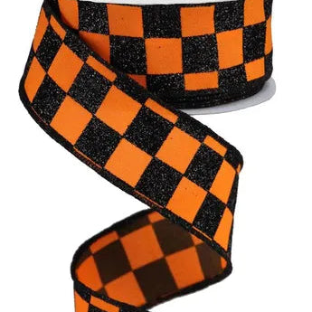 1.5"X10YD GLITTER CHECK - ORANGE/BLACK - RGB122920