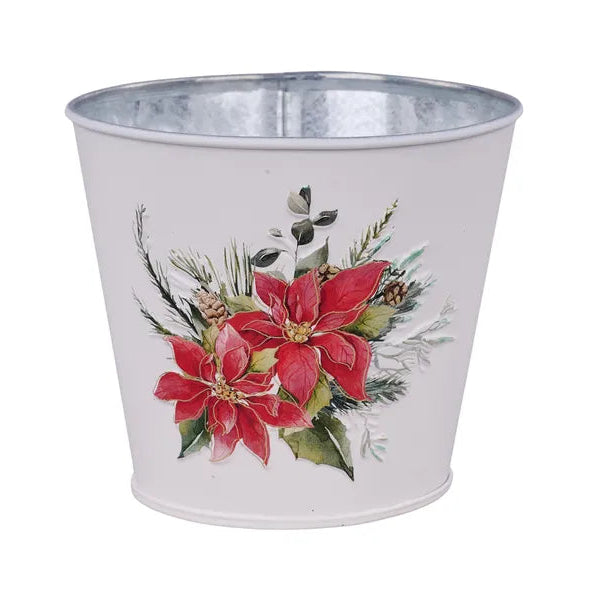 5"DIA X 4.5"H POINSETTIA POT COVER - RED/GREEN/MATTE IVORY - XC0224