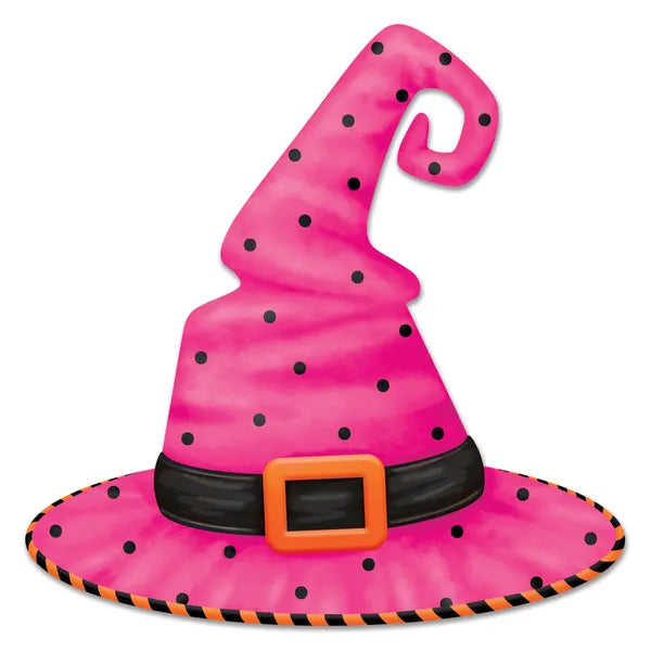 12"HX12"L METAL/EMBOSSED WITCH HAT - HOT PINK/BLACK/ORANGE - MD1708J9