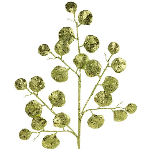 28"L GLITTER ROUND LEAF SPRAY - SAGE GREEN - XS241384