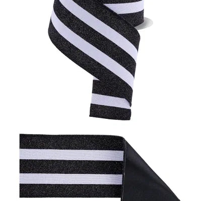 4"X10YD VERT GLITTER STRIPE/FUSED - D'LUX RIBBON - BLACK/WHITE - LX3306X6