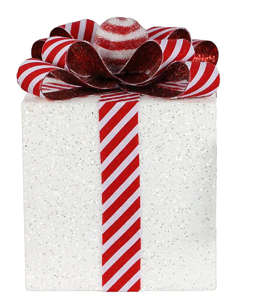 6.75"H X 4.75"SQ WRAPPED PRESENT - WHITE/RED - XC8348