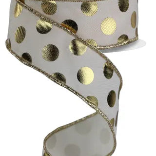 1.5"X10YD METALLIC POLKA DOTS - IVORY/GOLD - RGE166130