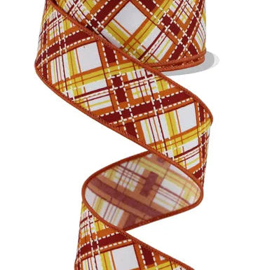 1.5"X10YD DIAGONAL DASH PLAID - WHITE/MUSTARD/PRANGE/BURGUNDY/CREAM - RGE1849F4
