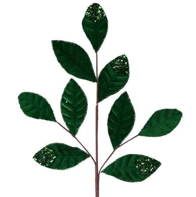 27"L VELVET/GLITTER MAGNOLIA LEAF SPRAY X9 - EMERALD GREEN - XS255206