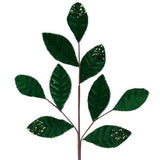 27"L VELVET/GLITTER MAGNOLIA LEAF SPRAY X9 - EMERALD GREEN - XS255206