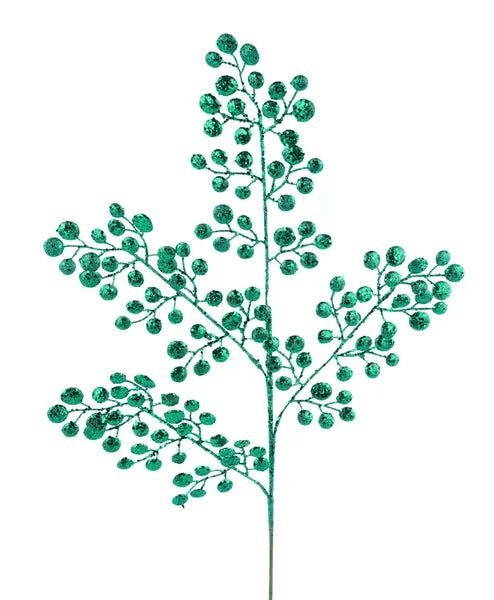 33"L GLITTER ROUND LEAF SPRAY - EMERALD GREEN - XS226706
