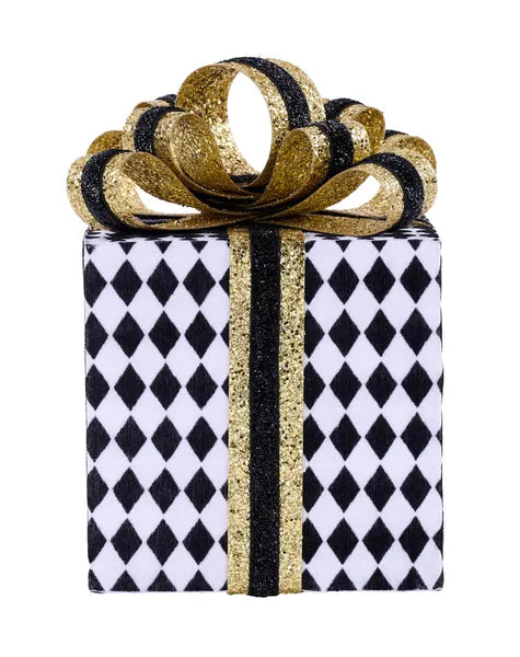 6.75"HX4.75"SQ HARLEQUIN/GLITTER GIFT - BLACK/WHITE/GOLD - XC8376FW