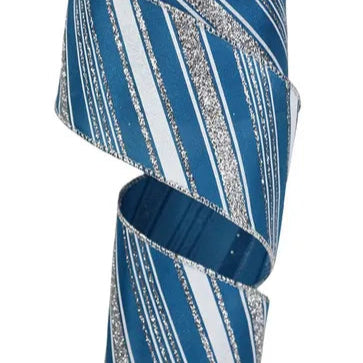 2.5"X10YD DIAGONAL LINE/SATIN - DARK TEAL/WHITE/SILVER - RGE142334